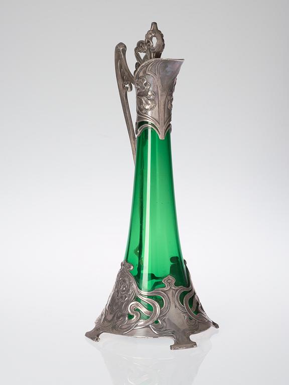 A WMF Art Noveau green glass and silver plated wine jug, Gemany.