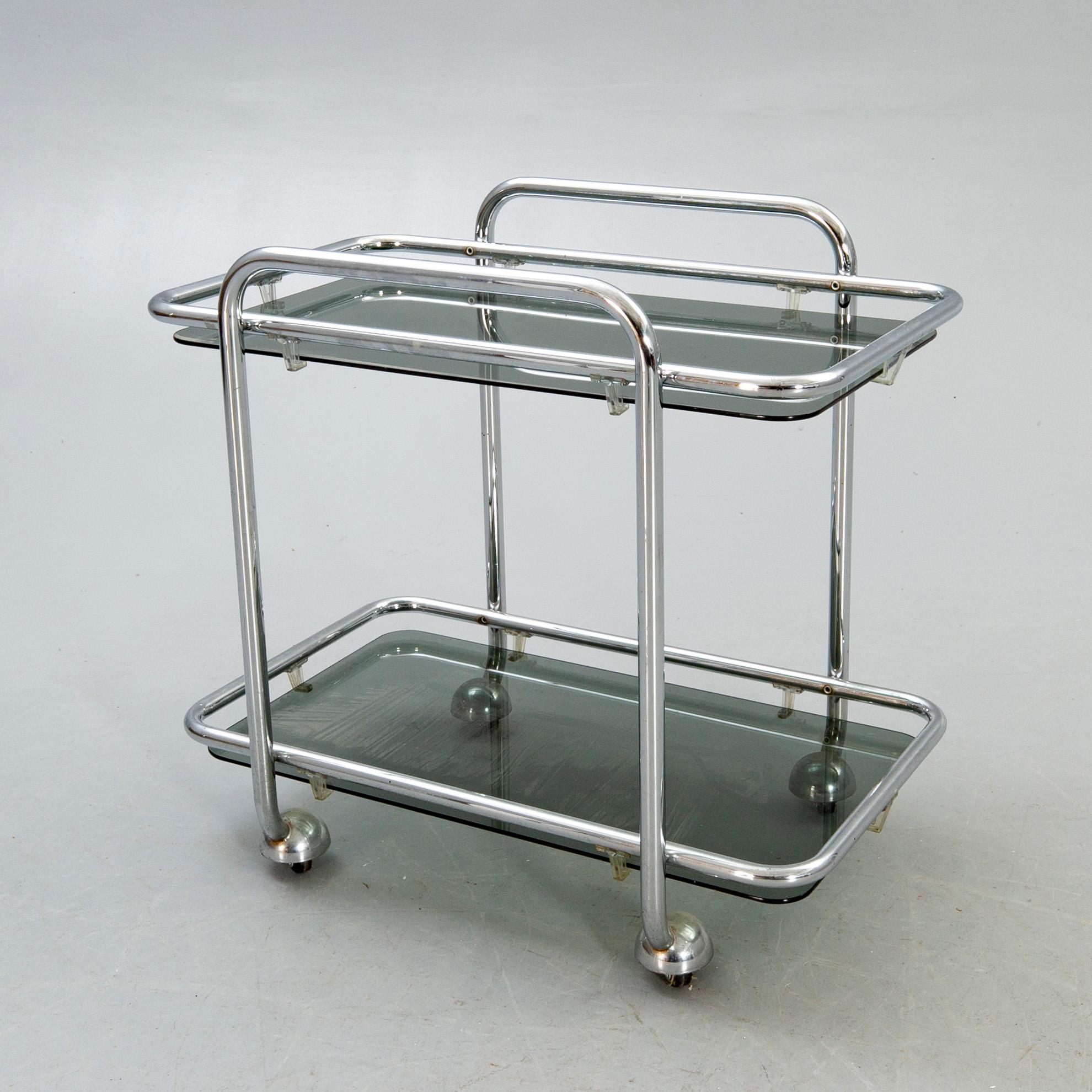 A 1970s chrome serving trolley.