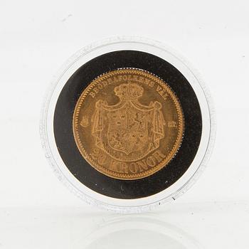 Guldmynt Sverige, Oscar II 20 kr, 1874.