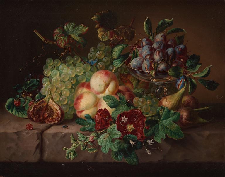 Amalie Kärcher, Still life with plums, figs, grapes, and insects.