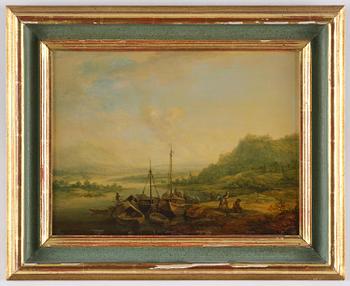 Christian Georg Schütz, Pastorala flodlandskap med figurer och båter, ett par.