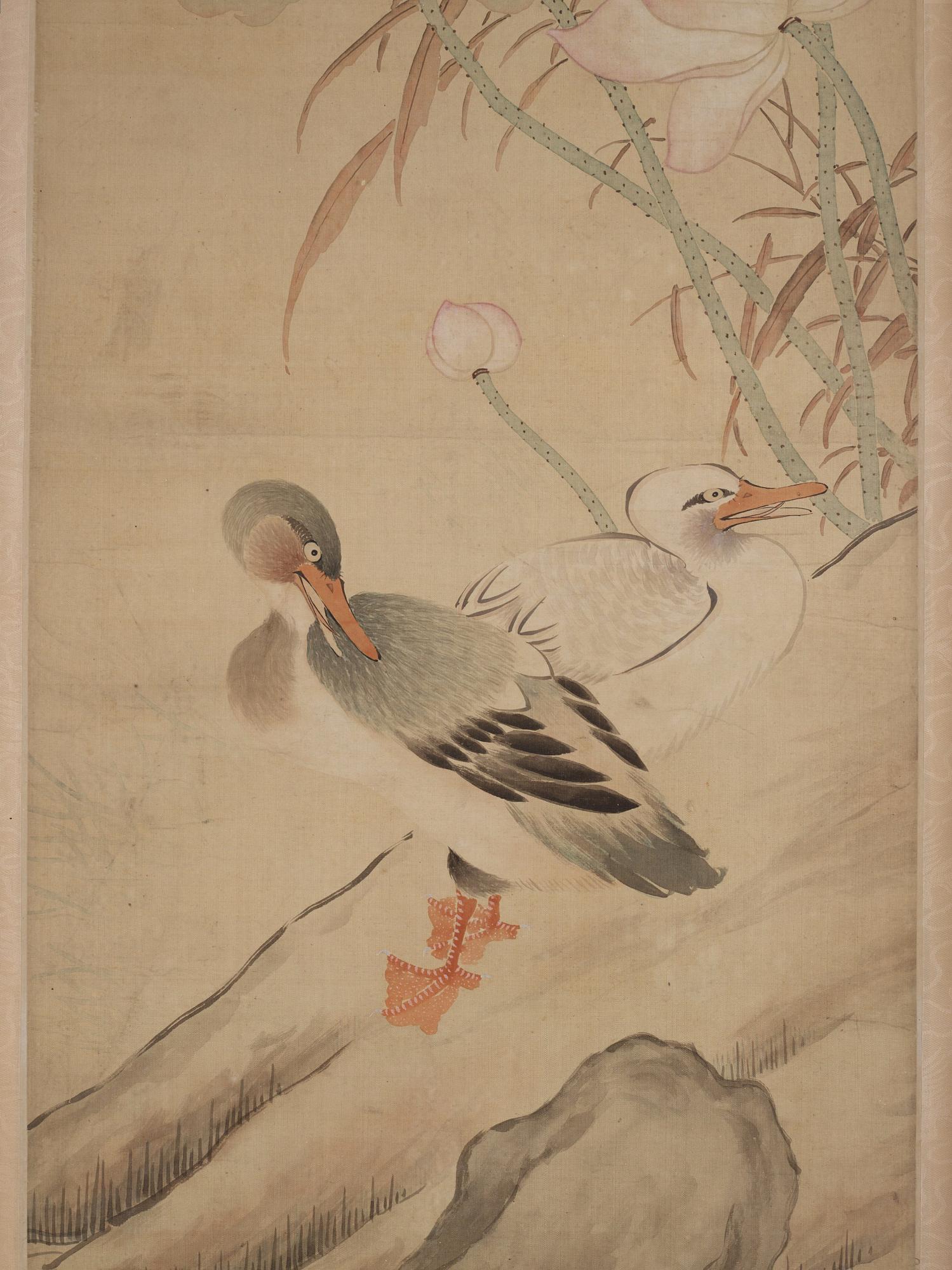 Ma Yuanyu After, Birds by a rock formation next to a lotus pond.