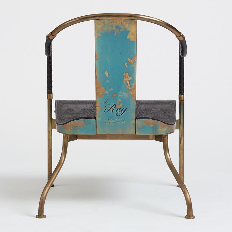 Mats Theselius, an "El Rey" brass and black leather armchair, Källemo, Sweden post 1999.