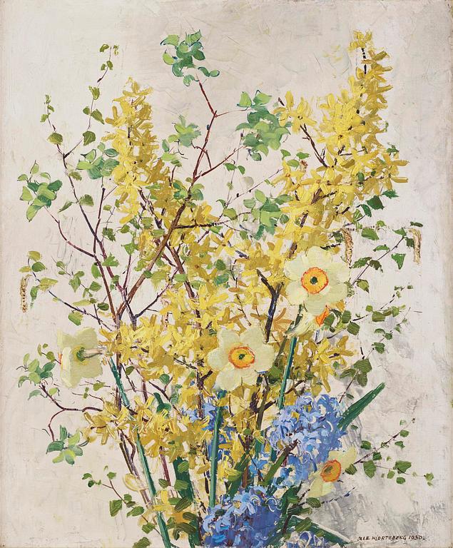 Olle Hjortzberg, Stilleben med forsythia och pingstlilja.