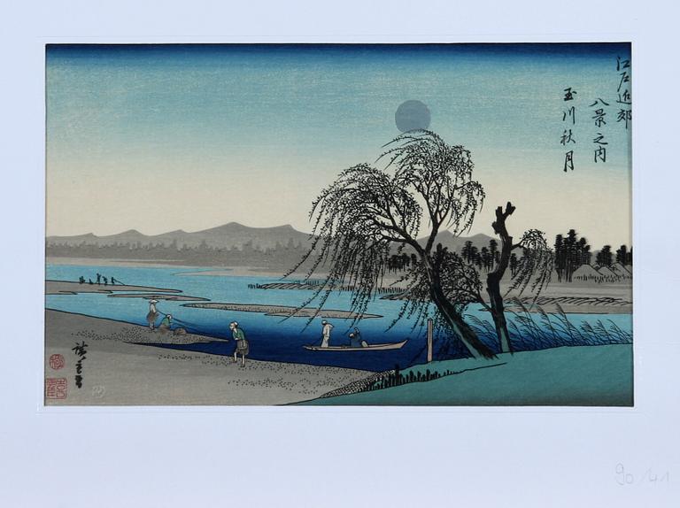 ANDO HIROSHIGE, tillskrivna, träsnitt, 2 st, Japan.
