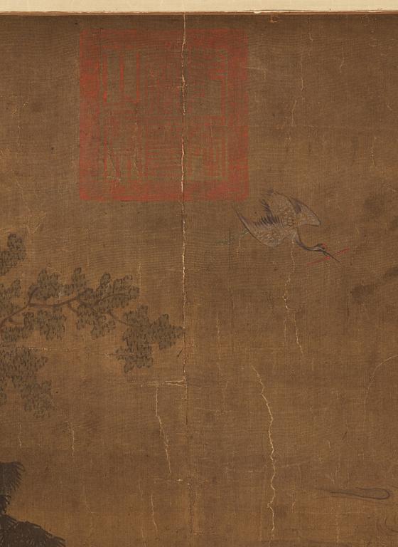 A hanging scroll of a landscape with figures, in the style of the Tang artist Zhu Niching, Qing dynasty, 19th century.