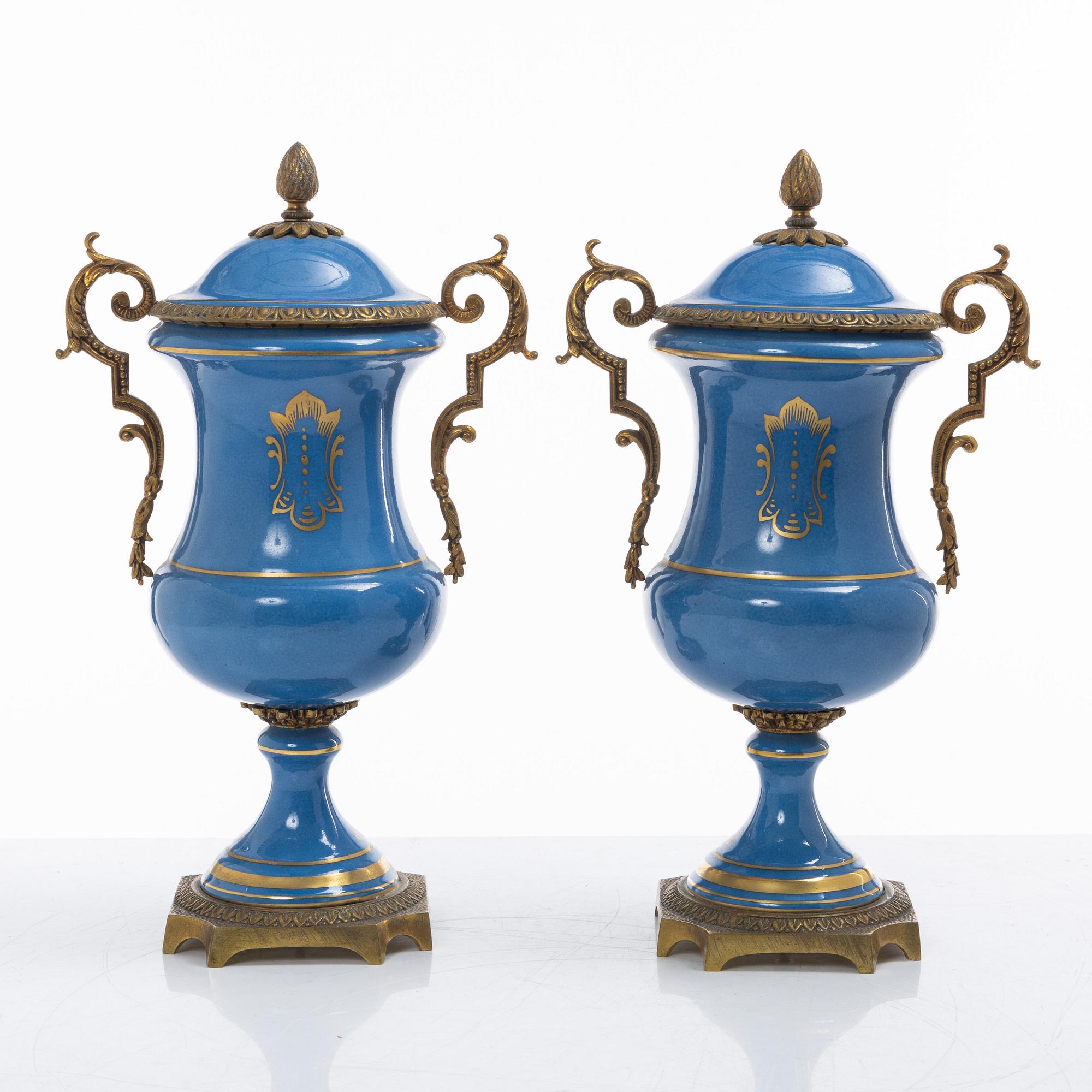 Decorative urns, a pair, porcelain, Sevres-like mark, circa 1900.