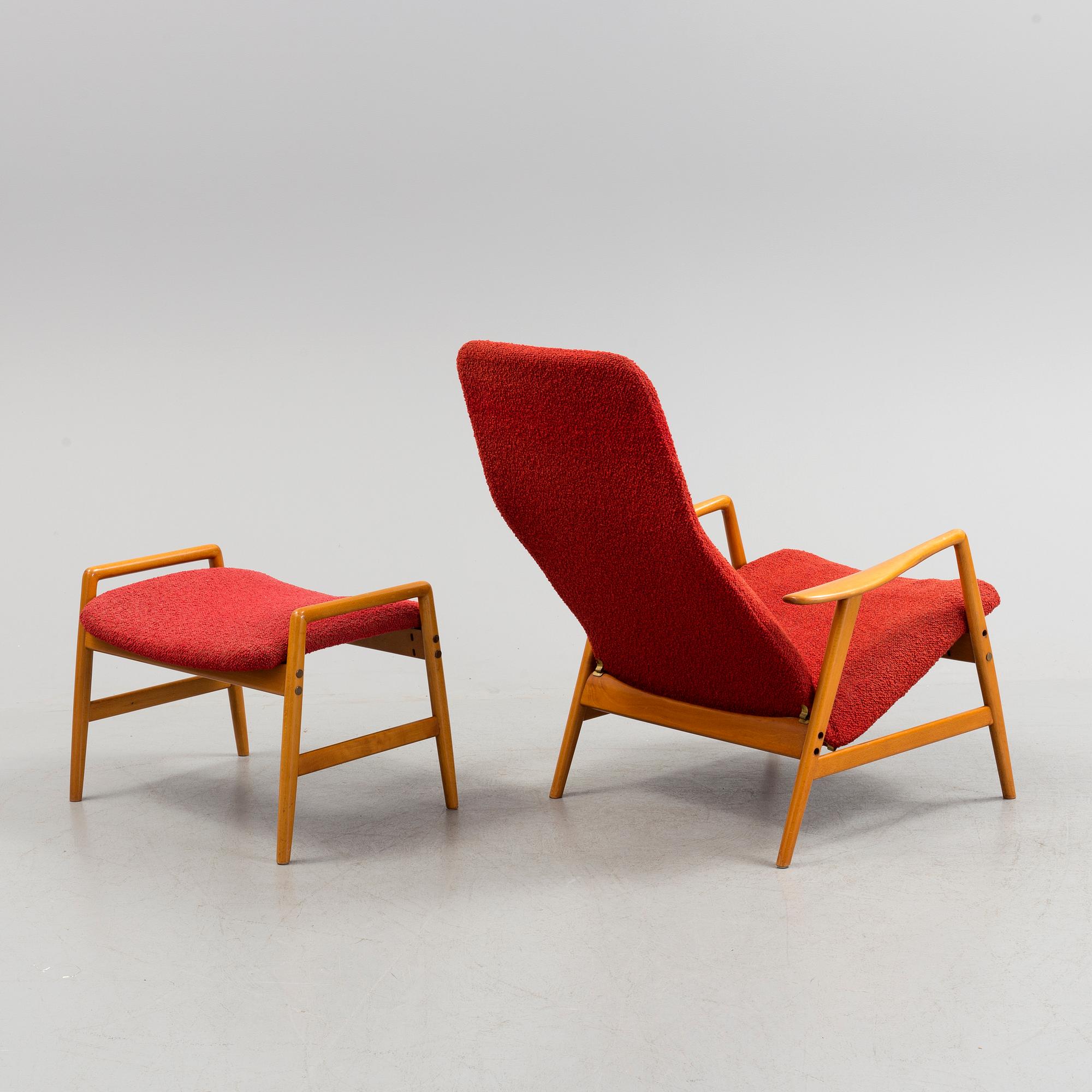 ALF SVENSSON, an easy chair and stool, "Studio", Ljungs industrier AB, Bra bohag. 1950s/60s.