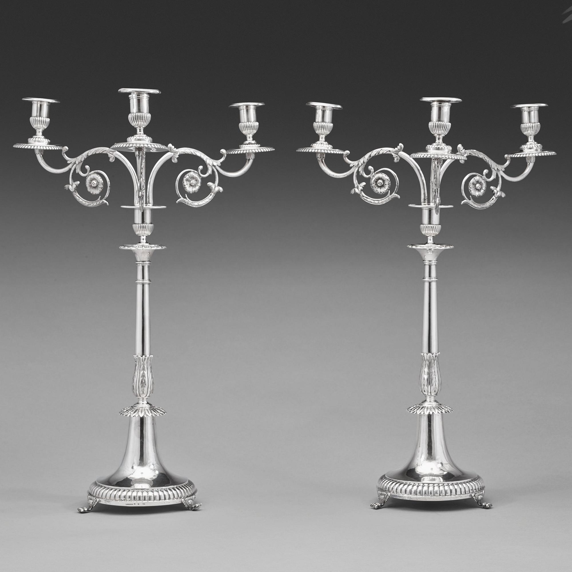 JOHAN-PETTER GRÖNWALL, ett par för tre ljus, Stockholm 1829-1830. kandelabrar, silver, empire.
