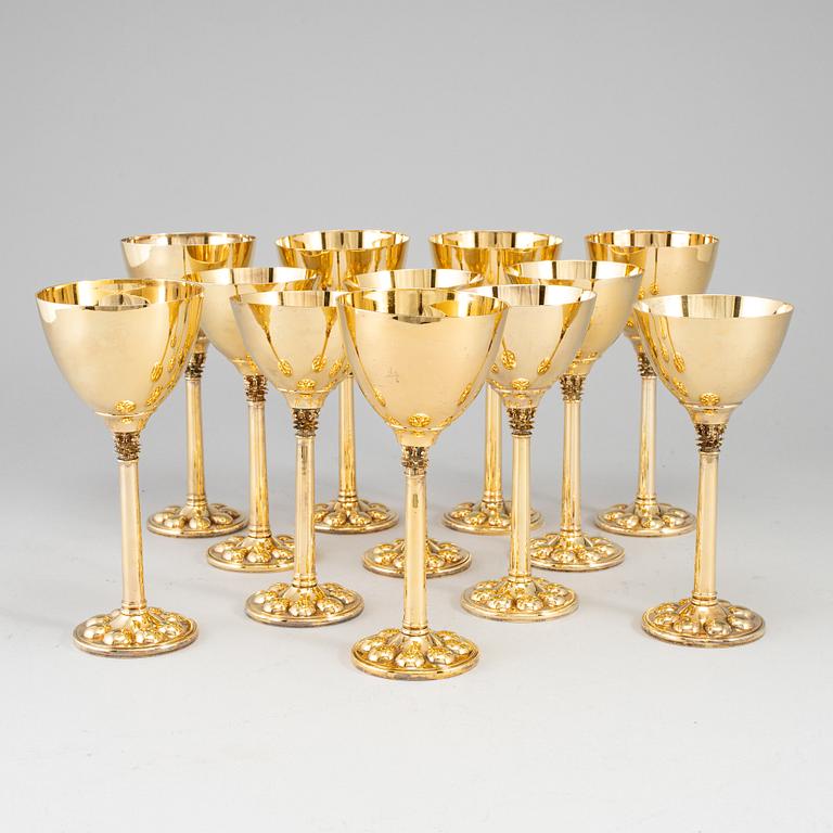 A set of twelve (6+6) goblets, gilt metal, Miguel Berrocal, Spain 20th century.