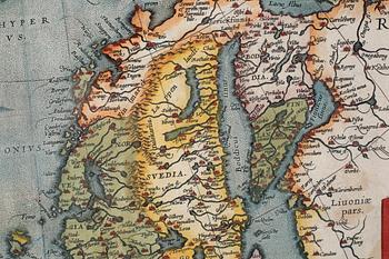 A hand colored map by Abraham Ortelius, "Septentrionalium Regionum Descrip.", probably 17th century.