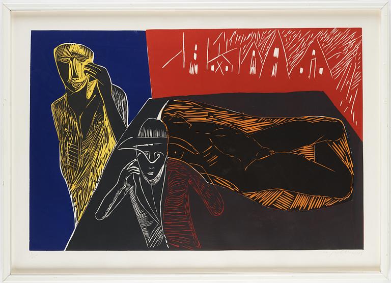 Mimmo Paladino, color wood cut, signed and numbered 3/65, dted 1984.