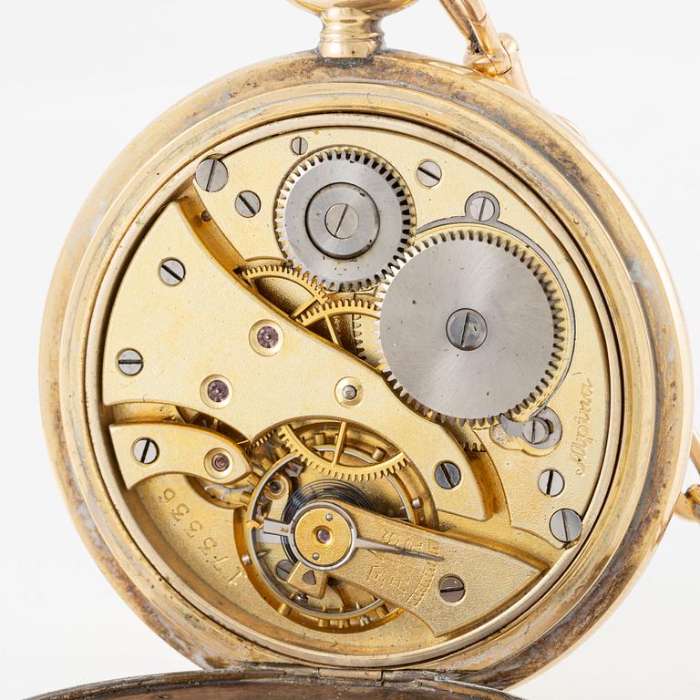 Pocket watch, Hunter, Alpina, 14K gold, chain 18K gold, 53 mm.