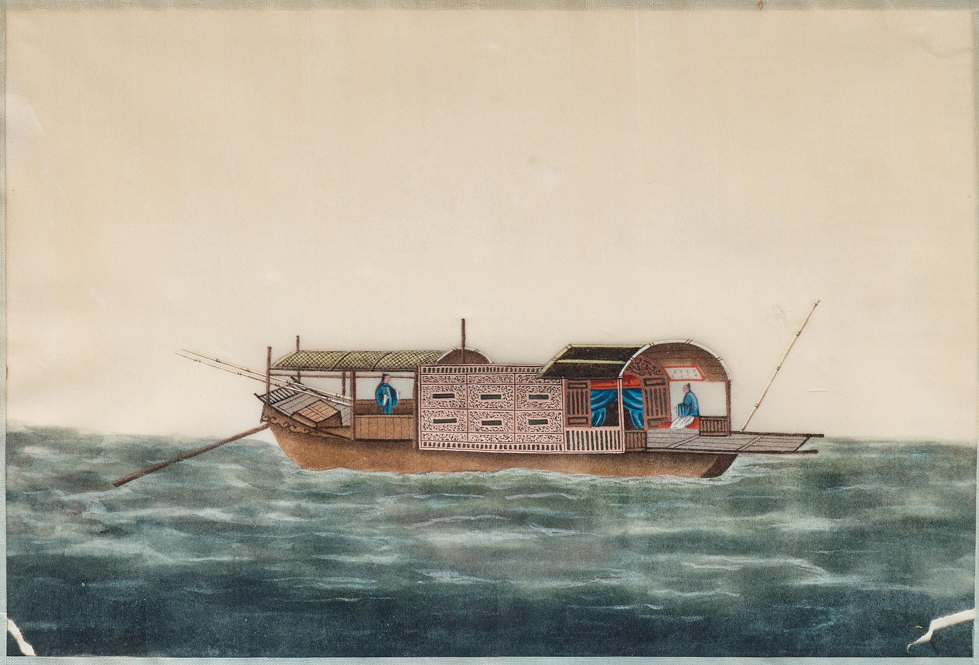 MÅLNINGAR, sex stycken, tusch och akvarell på rispapper. Kina, Qingdynastin, 1800-tal. "Djonker".