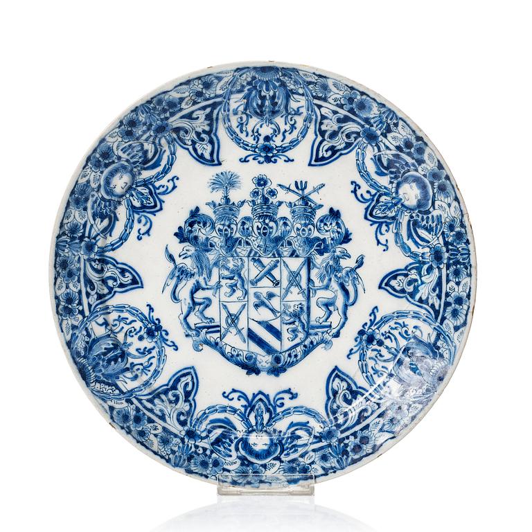 A Dutch armorial Delft serving dish with the Swedish arms of von Fersen, late 17th Century, circa 1700.