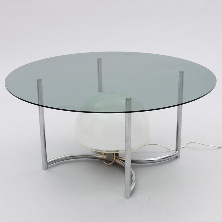 A 1970s chromed steel, acrylic and glass sofa table with light.