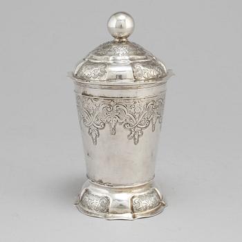 An 18th century silver beaker and cover, fantacy marks like Swedish pewter marks.