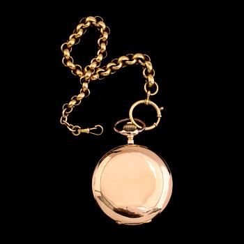 FICKUR, 18 k guld, savonett, samt kedja, 18 k guld, omkring år 1900. Total vikt med urverk ca 117 gram.