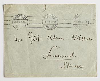 LETTER, from Wassily Kandinsky in Stockholm to GAN (Gösta Adrian-Nilsson) in Lund, dated 29 II (19)16 Envelope enclosed.