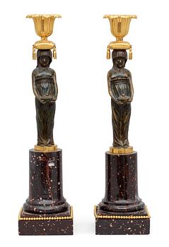 648. A pair of late Gustavian circa 1800 porphyry candlesticks.