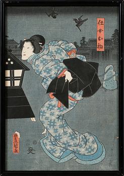 UTAGAWA KUNISADA (TOYOKUNI III), tillskrivna, 3 st, träsnitt, signerad i trycket.