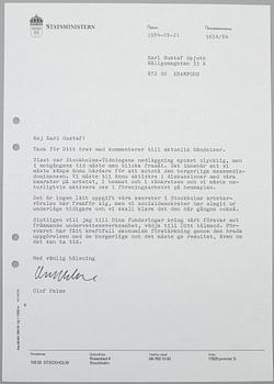 OLOF PALME. 18 hand signed letters dated September 1982-February 1986.