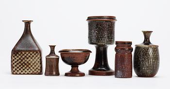 A set of six Stig Lindberg stoneware miniatures, Gustavsberg studio 1960's-70's.