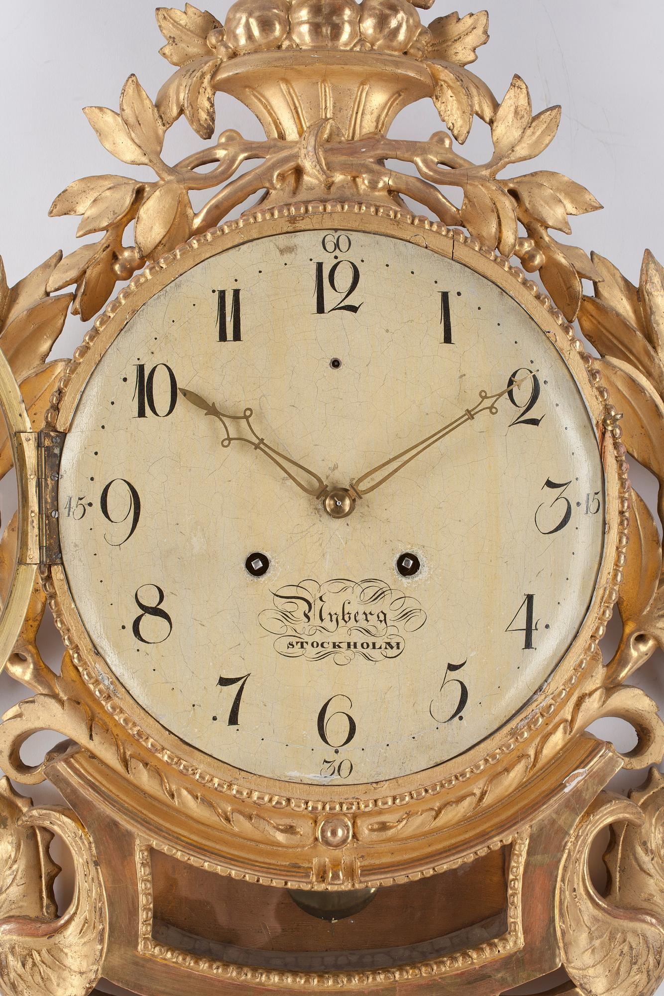 VÄGGPENDYL, sengustaviansk, urtavlan märkt Blyberg, Stockholm, omkring 1800.