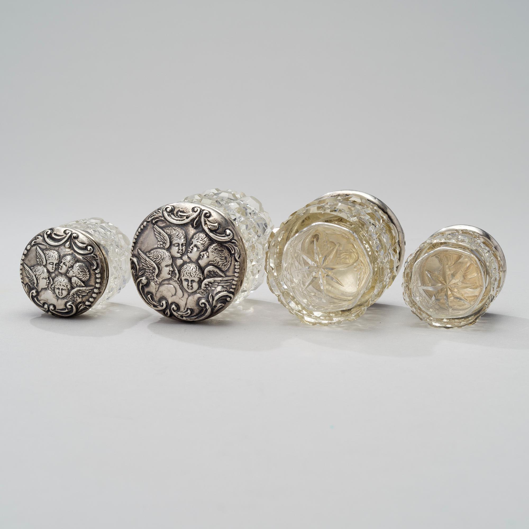 CUT GLASS JARS WITH SILVER LIDS, two pairs, Levi & Salaman, Birmingham 1898.