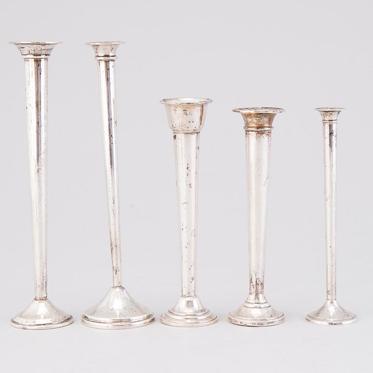 Five sterling silver vases from the latter half of the 20th Century.