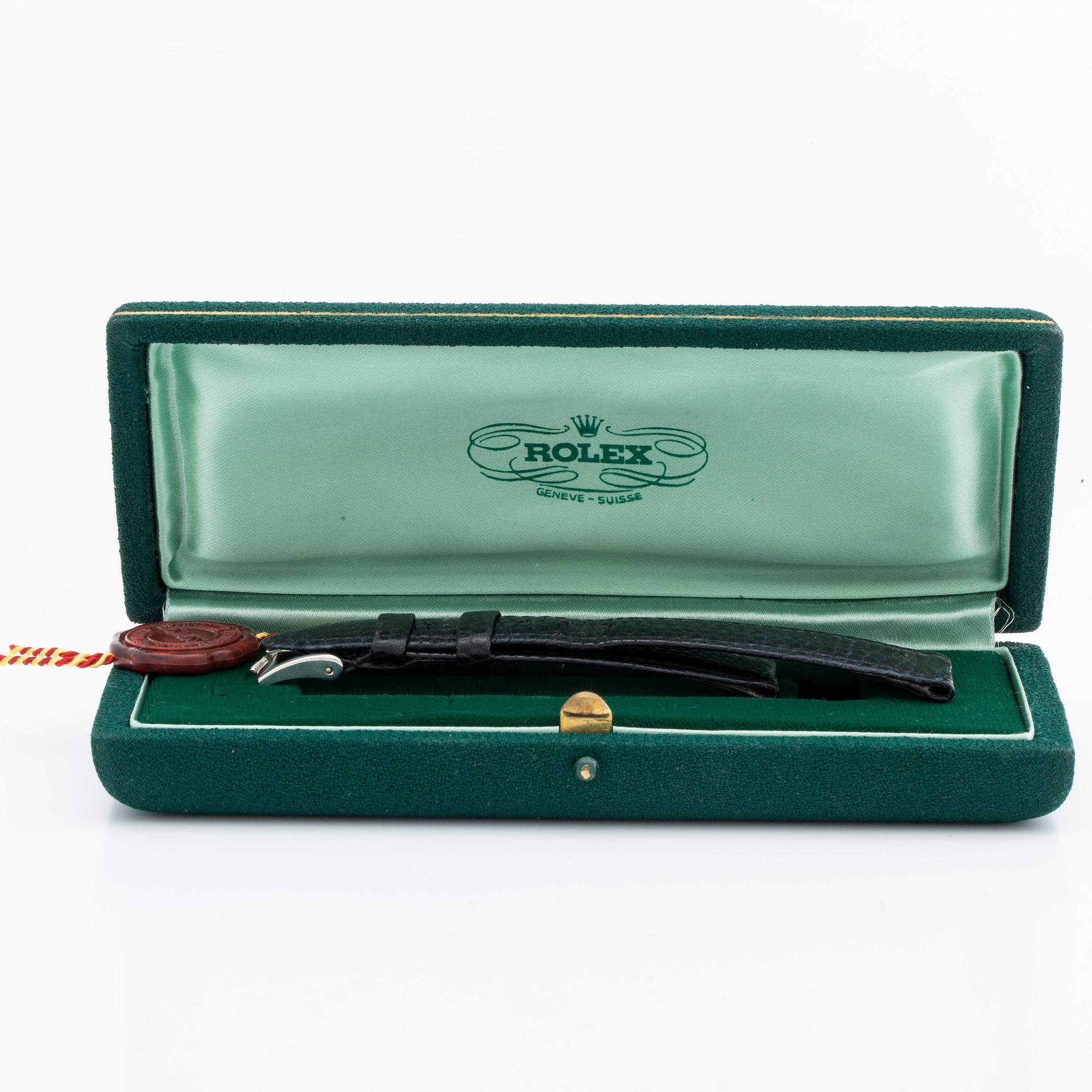 ROLEX 1962-1963, etui, box m etikett '1500 Stahl', certifikat m m, samt  äldre Rolex läderarmband.