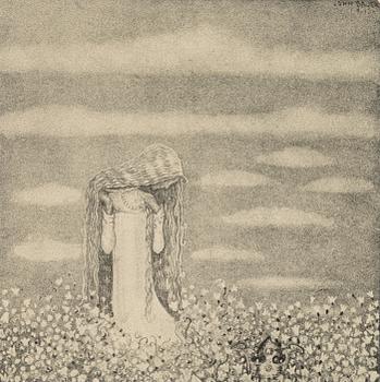 John Bauer, "Där ute bland blommorna sitter ett flickebarn och reder sitt gyllene hår".