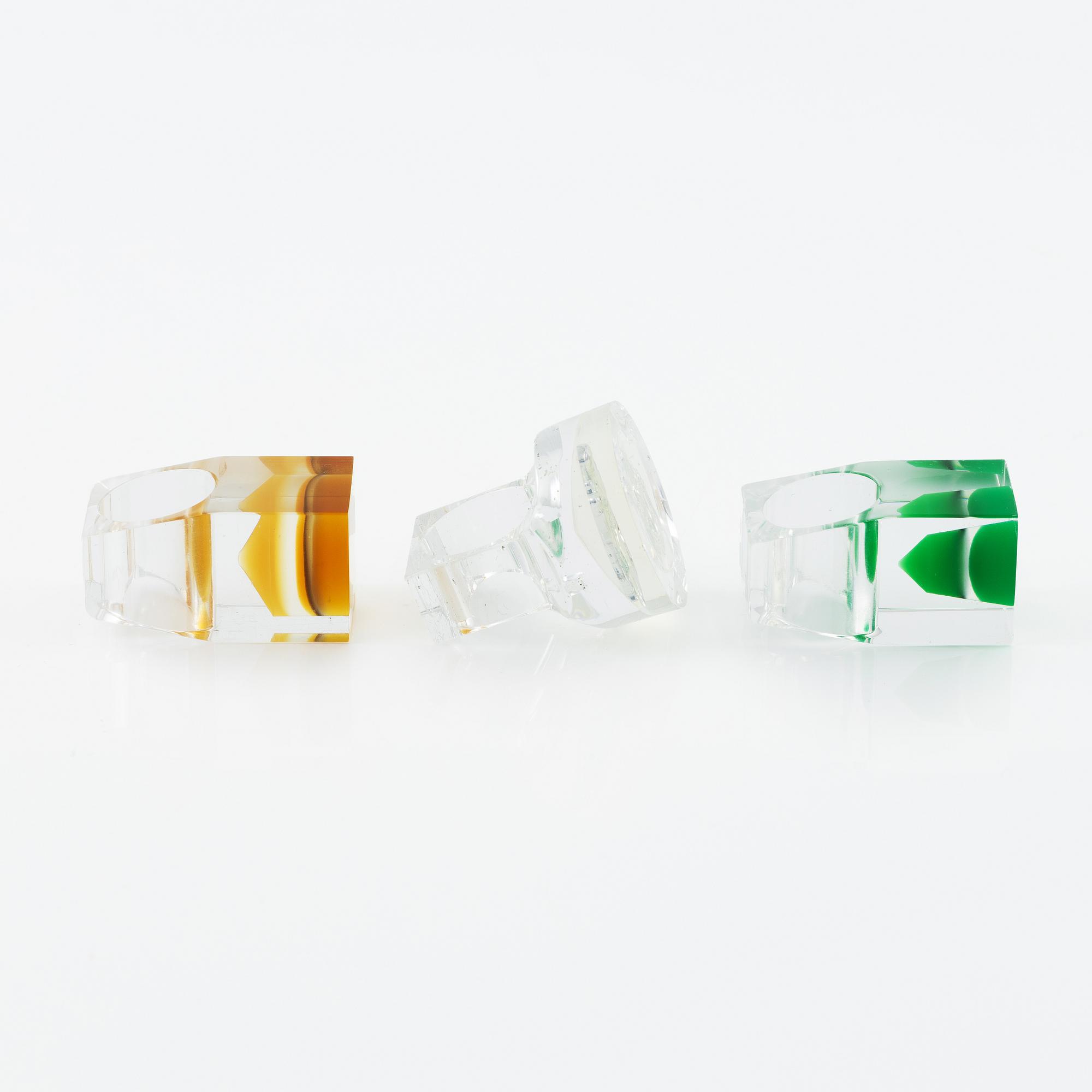 Siv Lagerström, three rings, and three sculptures, acrylic plastic, 1970s.