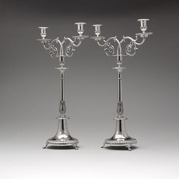 A pair of Swedish 19th century silver candelabra, Johan Petter Grönvall, Stockholm 1830.