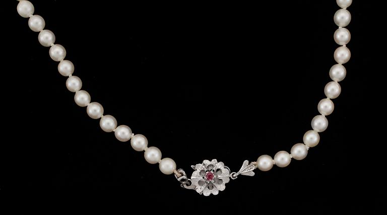 COLLIER, odlade saltvattenspärlor, lås 18k vitguld med röd sten.