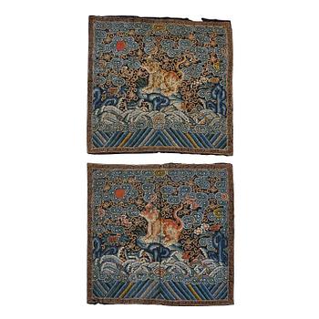 1131. A pair of continued stich military official rank badges with tigers, Qing dynasty, 19th Century.