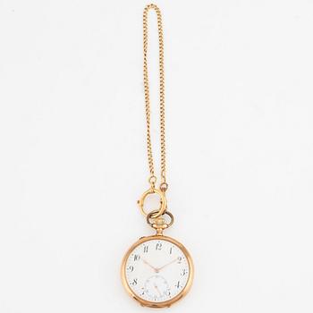 IWC, pocket watch 14K gold, chain in 18k gold, 49 mm.