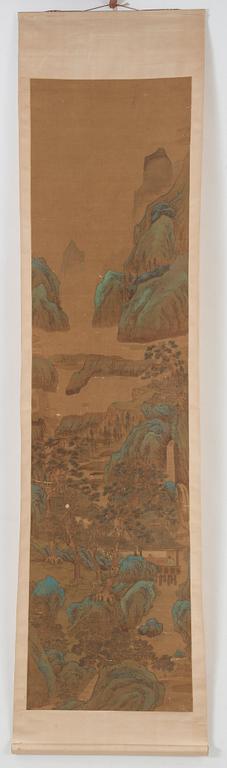 A hanging scroll of figures in a landscape, Qing dynasty, 19th Century.