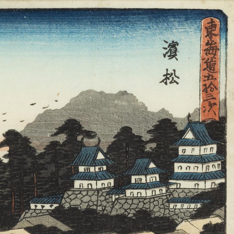 Ando Hiroshige respektive Utagawa II Kunisada, efter, träsnitt, två stycken.