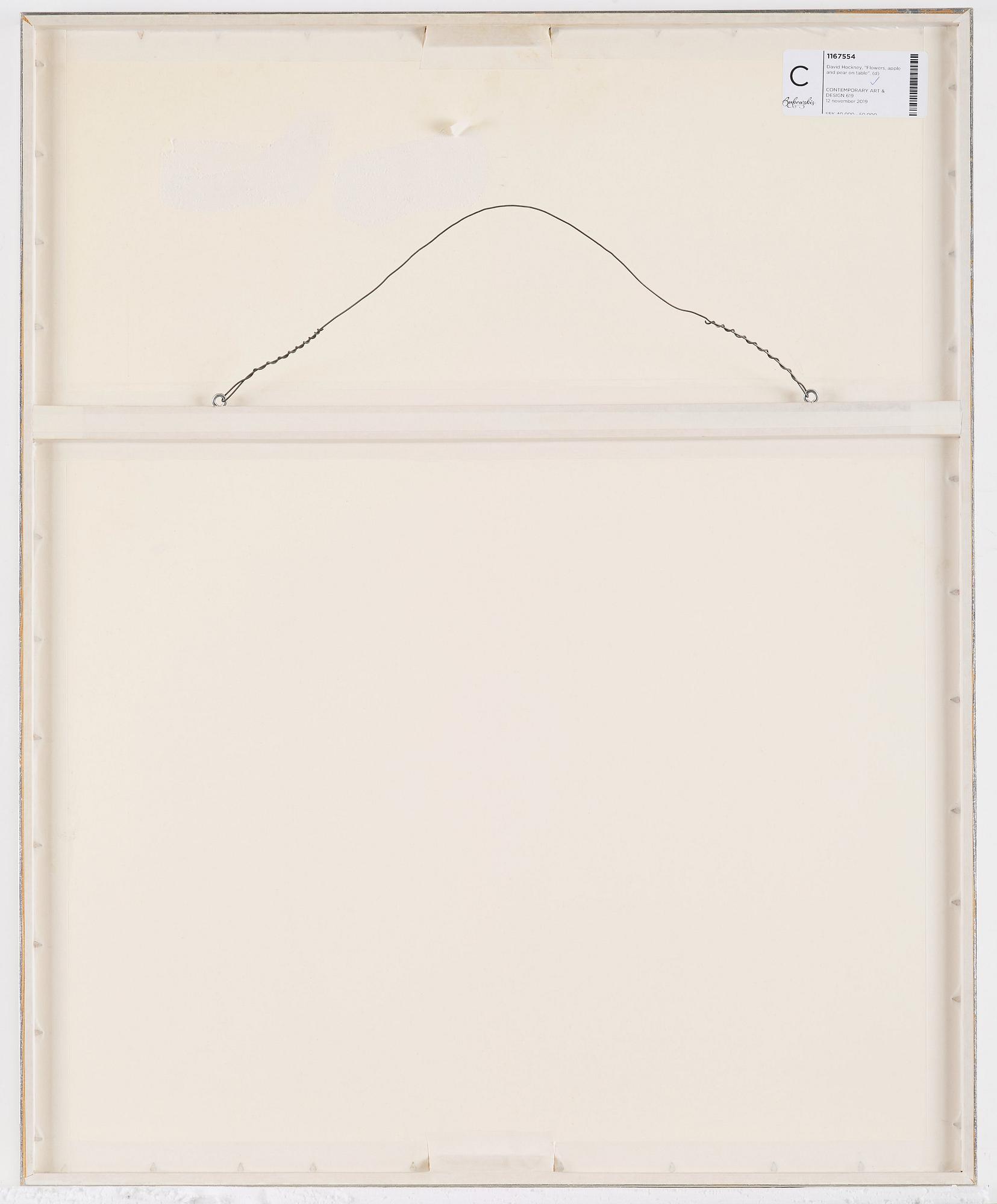 David Hockney, "Flowers, apple and pear on table".