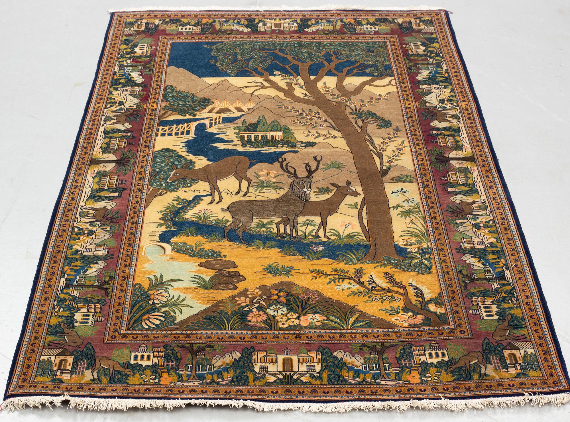 A rug, semi-antik Kashan figural, ca 216 x 133,5 cm.