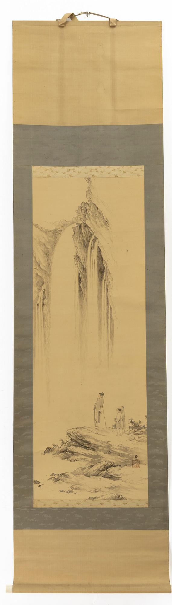 Unidentified artist, Scholar with apprentices by a waterfall, Japan, early 20th century.