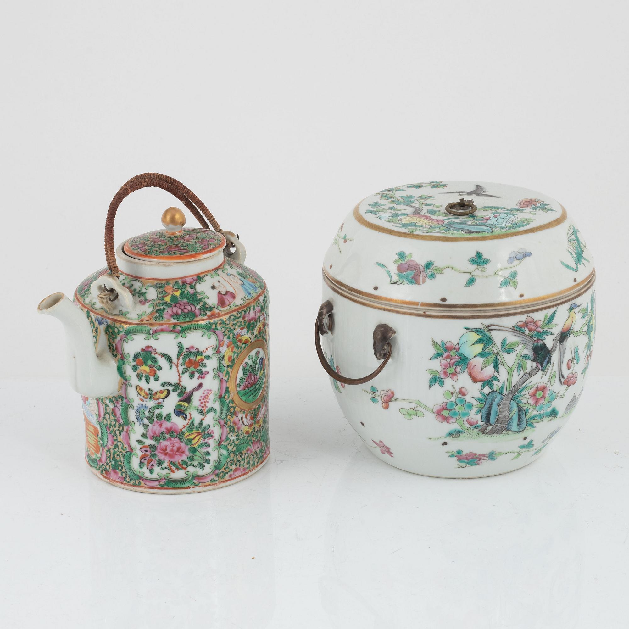 Tekanna, porslin, Kanton, och skål med lock, porslin, Kina, Qingdynastin, 1800-tal.