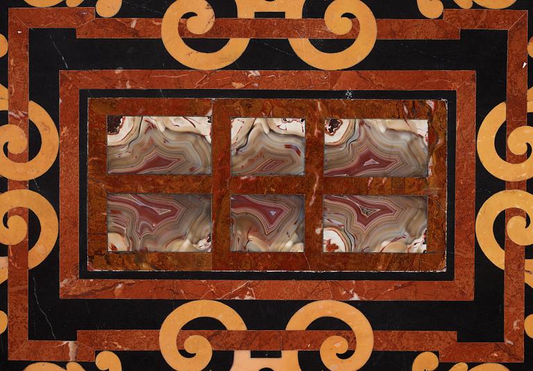 A pietre dure top, Italy, circa 1900, probably Rome or Naples. The stand in Louis XIV-style.