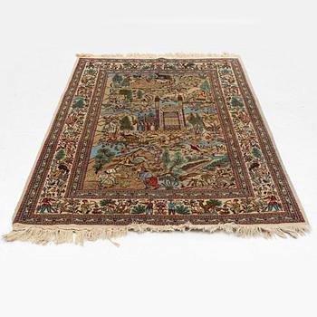 An oriental, figural rug, signed, c. 220 x 145 cm.