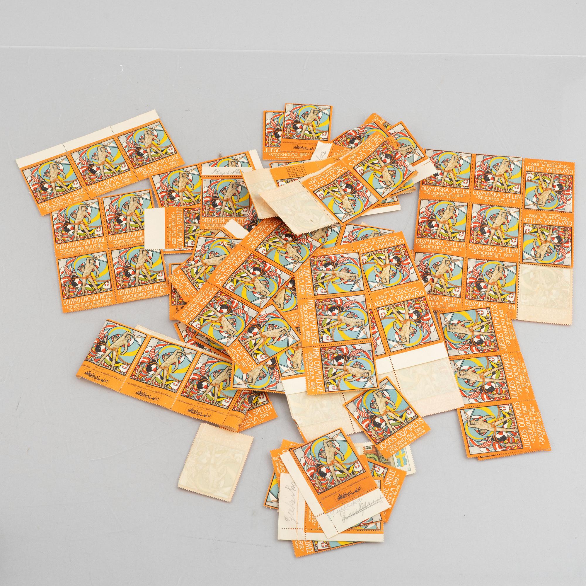 Olle Hjortzberg, efter, samling frimärken/brevmärken, ca 180 st, Olympiska Spelen Stockholm 1912.