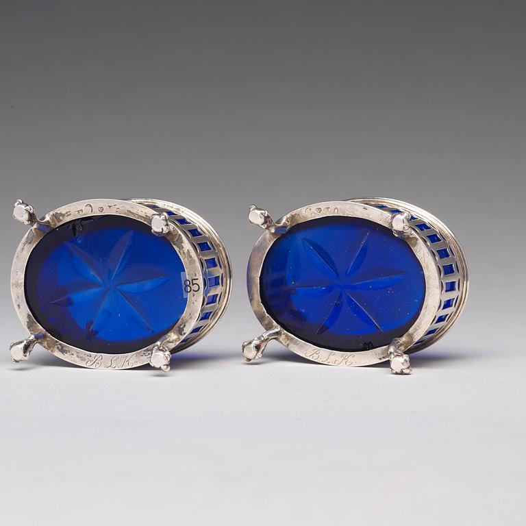 A pair of Swedish 18th century silver and blue glass salt cellars, mark of Pehr Zethelius, Stockholm 1791.