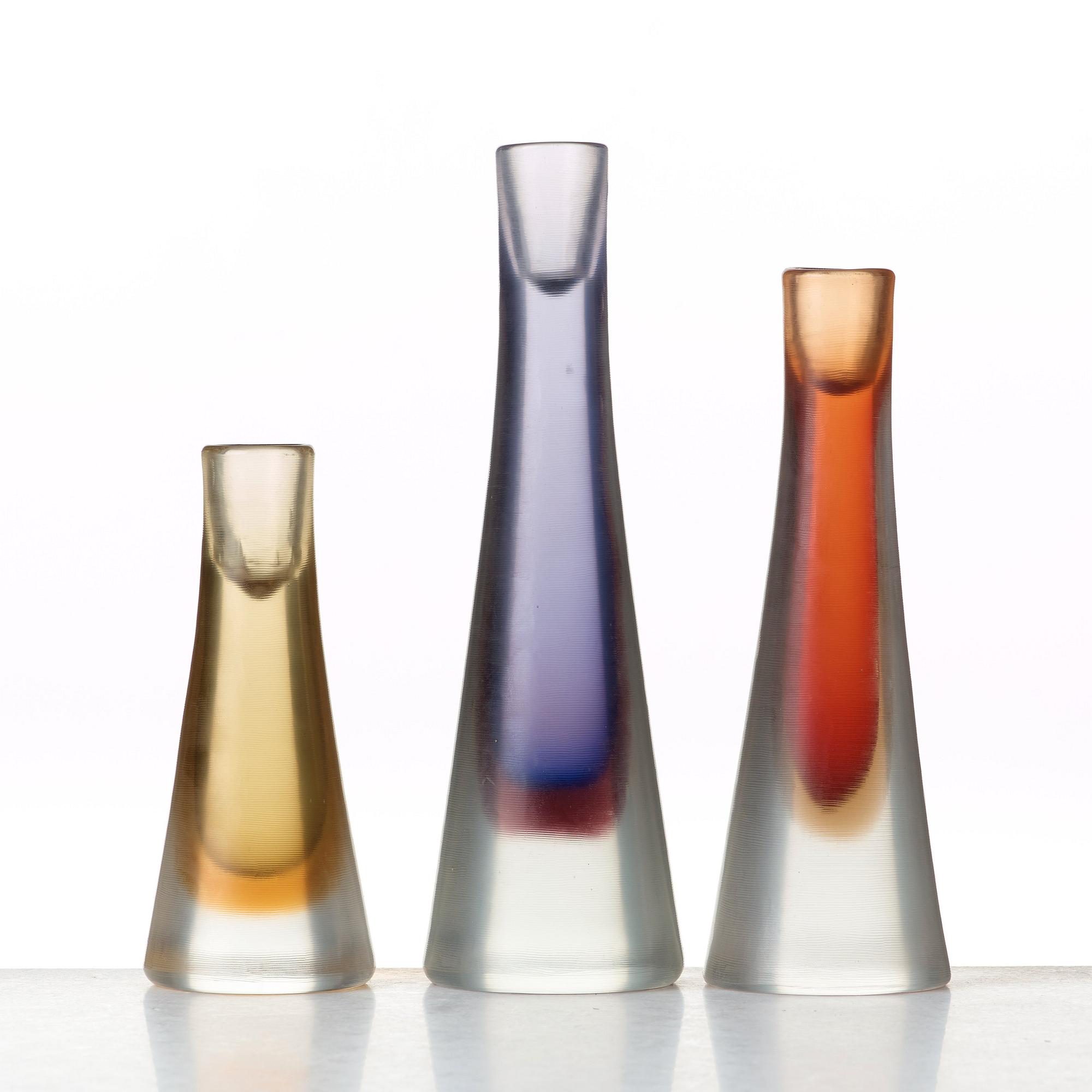 Paolo Venini, a set of three "Incisi" glass candleholders, Venini, Murano, Italy 1950's, model 4809.