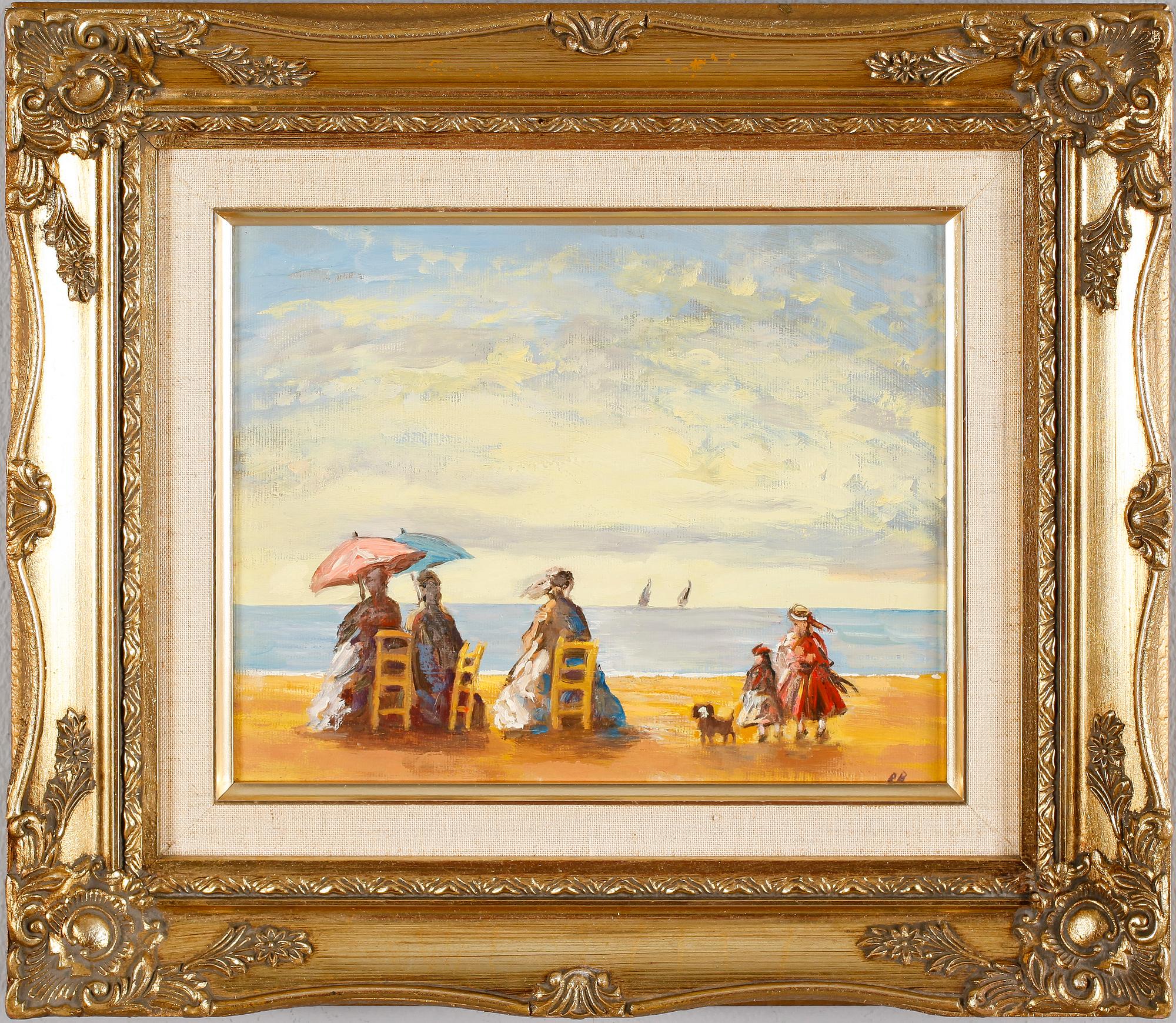 OKÄND KONSTNÄR, 4 st, oljor på duk, uppklistrade på pannå, monogramsignerade R.B.