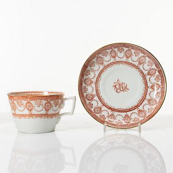 Tekoppar med fat, porslin, 19 st, troligtvis England, omkring år 1900.